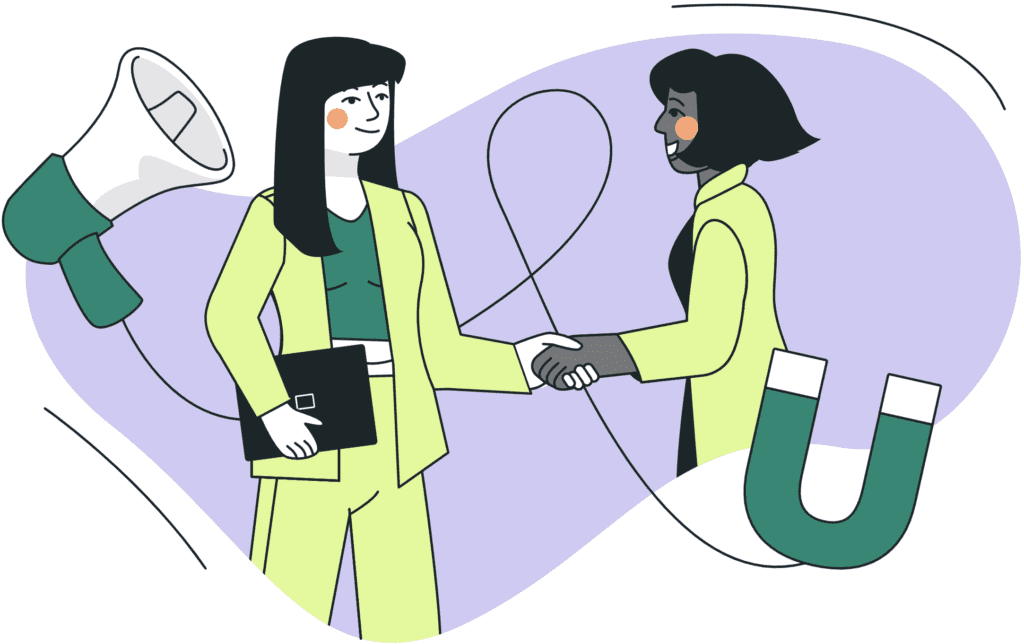 Two cartoon businesswomen shaking hands